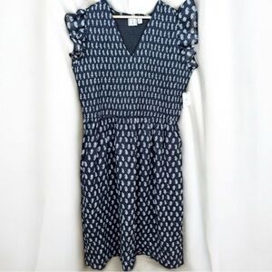 LEA Women's 2X Black Smocked Midi Dress with Pockets Short Flutter Sleeve